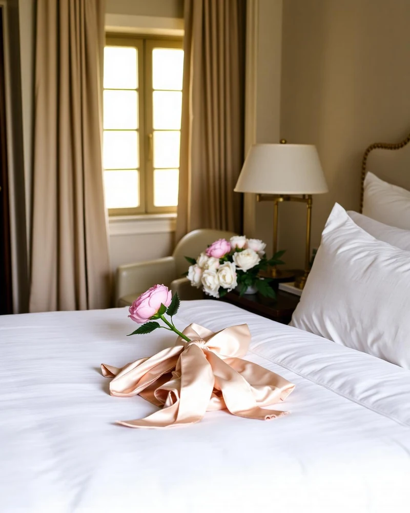 Fresh white bed linen with a flower and pink ribbon