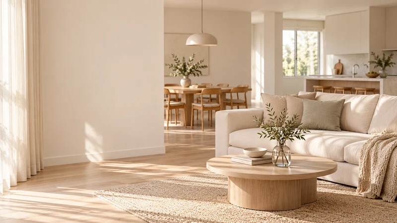 Sunlit neutral living room with a cream sofa and a vase on a round table